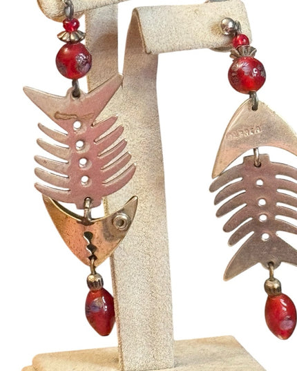 Vintage Alpaca Mexico Lampwork Fishbone Earrings Red Beads