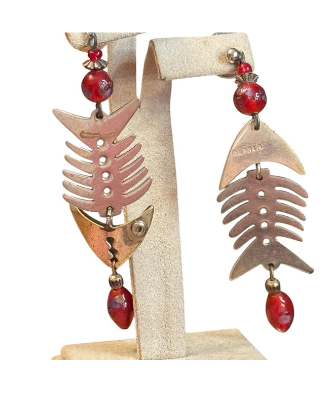 Vintage Alpaca Mexico Lampwork Fishbone Earrings Red Beads