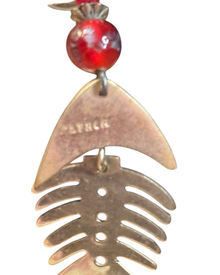 Vintage Alpaca Mexico Lampwork Fishbone Earrings Red Beads