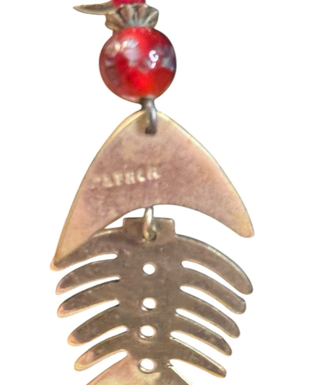 Vintage Alpaca Mexico Lampwork Fishbone Earrings Red Beads