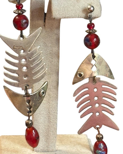 Vintage Alpaca Mexico Lampwork Fishbone Earrings Red Beads