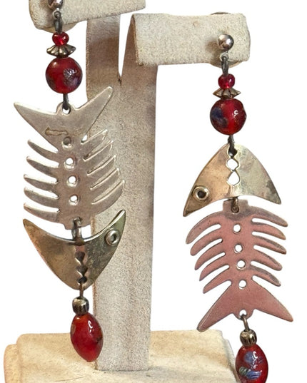 Vintage Alpaca Mexico Lampwork Fishbone Earrings Red Beads