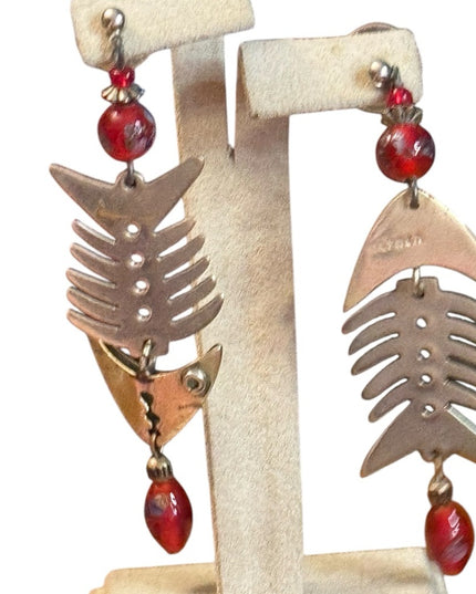 Vintage Alpaca Mexico Lampwork Fishbone Earrings Red Beads