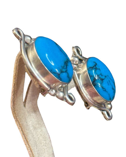 Vintage TH-93 Sterling silver 925 Mexico Fancy Turquoise clip on  Earrings