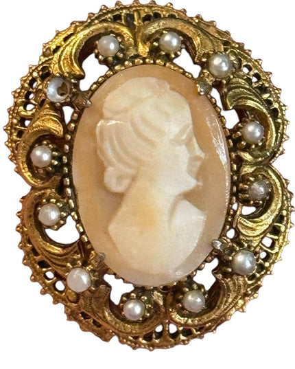 Florenza Gold Tone Carved Shell Cameo Pendant Brooch, Signed