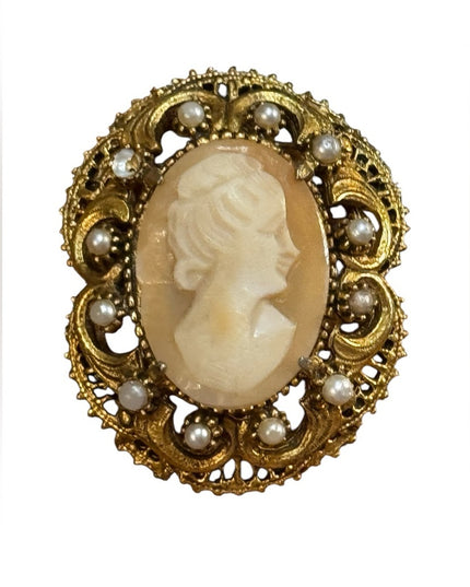 Florenza Gold Tone Carved Shell Cameo Pendant Brooch, Signed