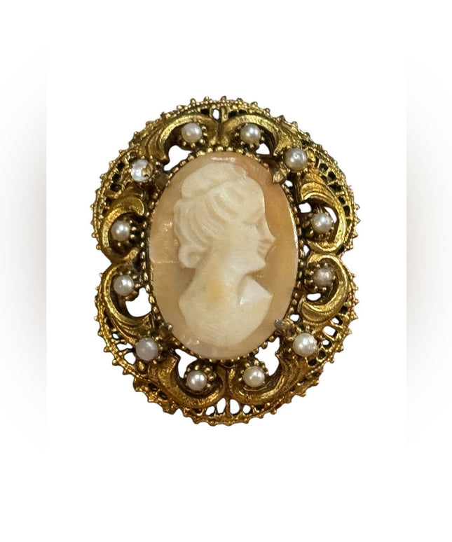 Florenza Gold Tone Carved Shell Cameo Pendant Brooch, Signed