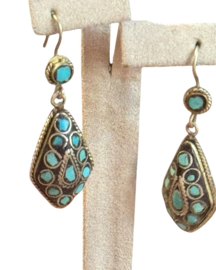Vintage Turquoise mosaic Tibetan brass Dangle teardrop Earrings