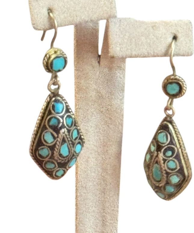 Vintage Turquoise mosaic Tibetan brass Dangle teardrop Earrings