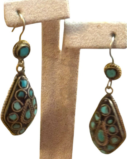 Vintage Turquoise mosaic Tibetan brass Dangle teardrop Earrings