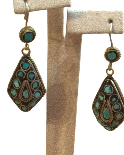 Vintage Turquoise mosaic Tibetan brass Dangle teardrop Earrings