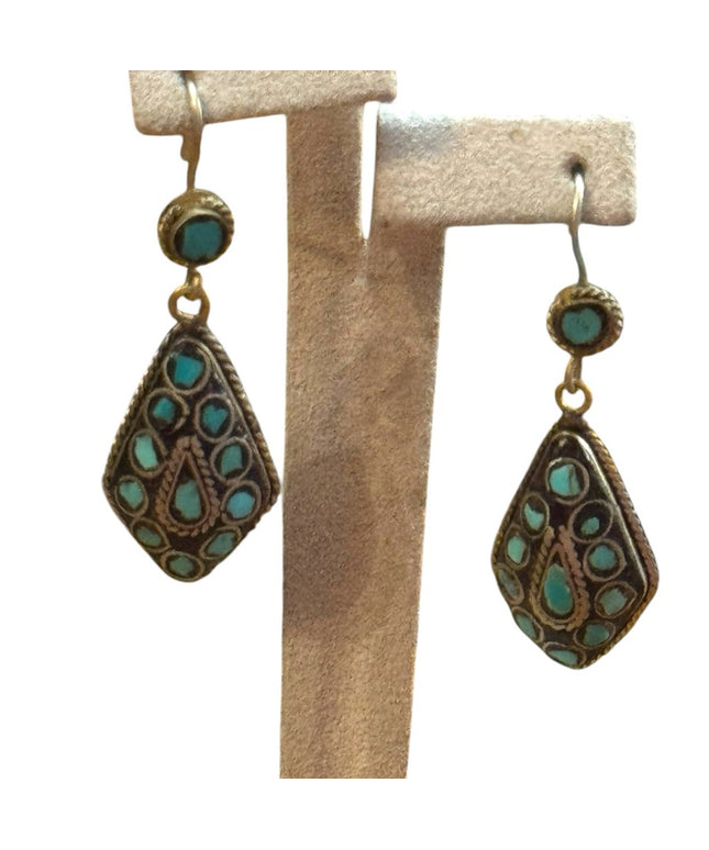 Vintage Turquoise mosaic Tibetan brass Dangle teardrop Earrings