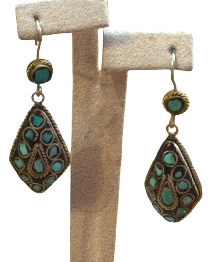 Vintage Turquoise mosaic Tibetan brass Dangle teardrop Earrings