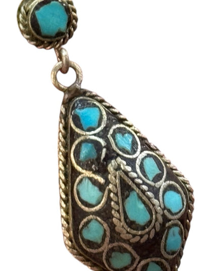 Vintage Turquoise mosaic Tibetan brass Dangle teardrop Earrings