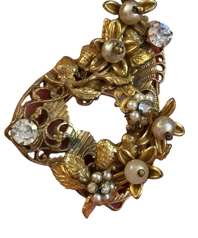 Elegant Art Deco CZECH Gold Filigree Brass Brooch Crystal floral Glass accents