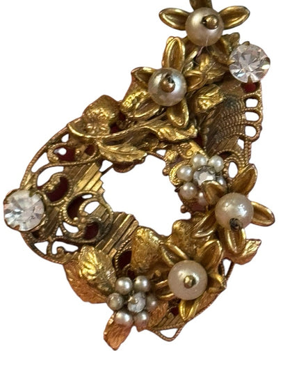 Elegant Art Deco CZECH Gold Filigree Brass Brooch Crystal floral Glass accents