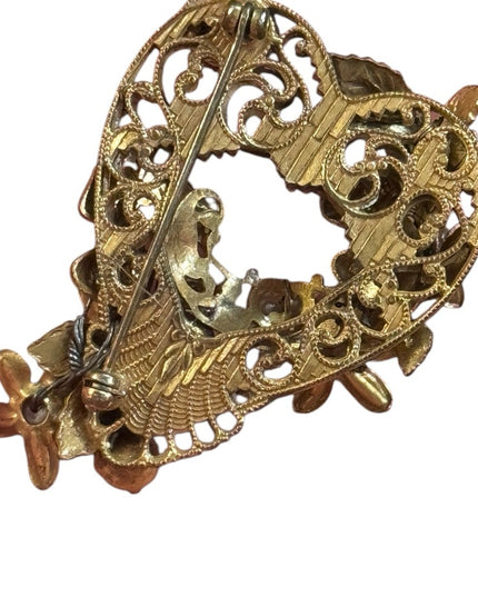 Elegant Art Deco CZECH Gold Filigree Brass Brooch Crystal floral Glass accents