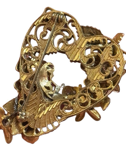 Elegant Art Deco CZECH Gold Filigree Brass Brooch Crystal floral Glass accents