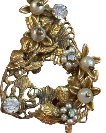 Elegant Art Deco CZECH Gold Filigree Brass Brooch Crystal floral Glass accents