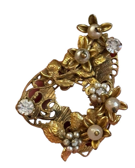 Elegant Art Deco CZECH Gold Filigree Brass Brooch Crystal floral Glass accents