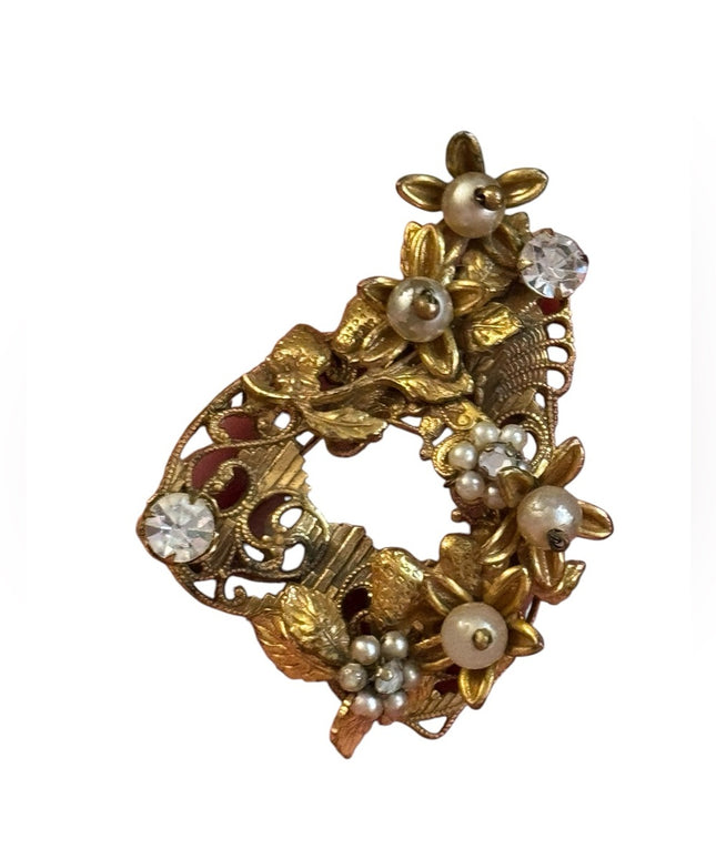 Elegant Art Deco CZECH Gold Filigree Brass Brooch Crystal floral Glass accents