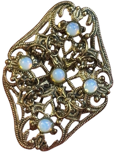 Elegant Art Deco CZECH Gold Filigree Brass Brooch Opalescent Glass accents