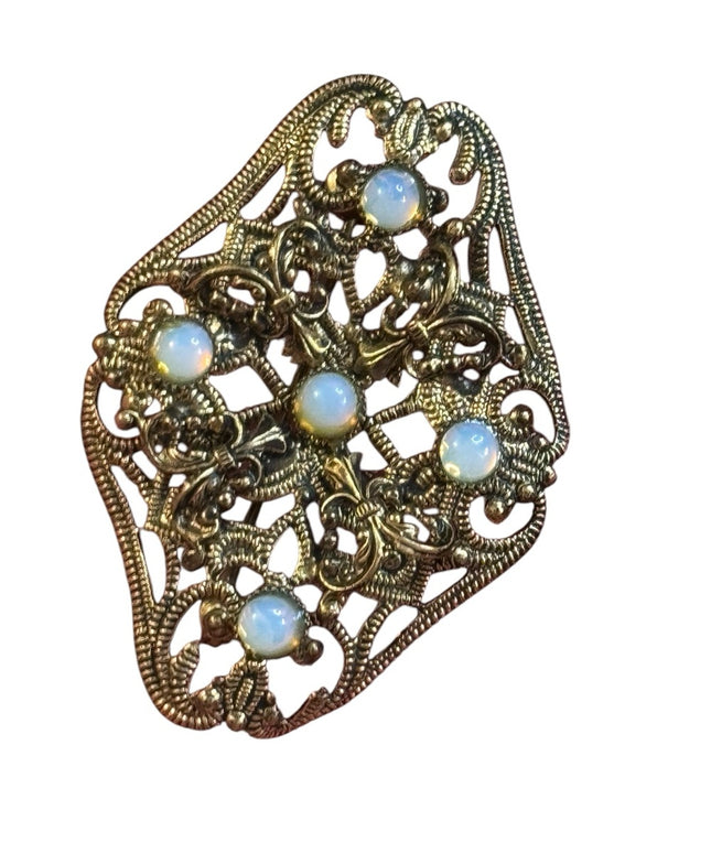 Elegant Art Deco CZECH Gold Filigree Brass Brooch Opalescent Glass accents