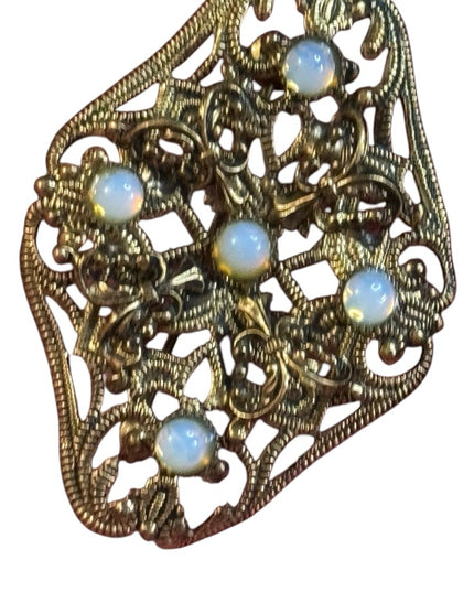 Elegant Art Deco CZECH Gold Filigree Brass Brooch Opalescent Glass accents