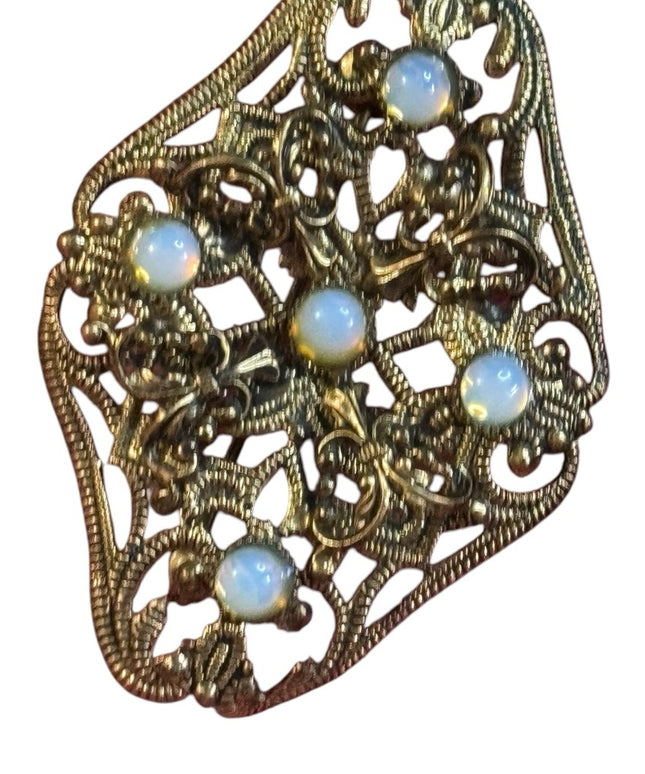 Elegant Art Deco CZECH Gold Filigree Brass Brooch Opalescent Glass accents