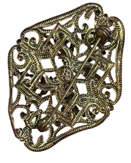 Elegant Art Deco CZECH Gold Filigree Brass Brooch Opalescent Glass accents