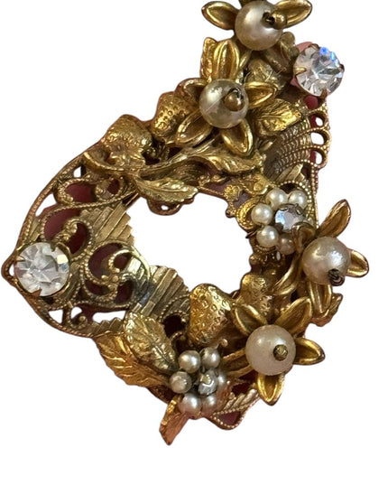 Elegant Art Deco CZECH Gold Filigree Brass Brooch Opalescent Glass accents