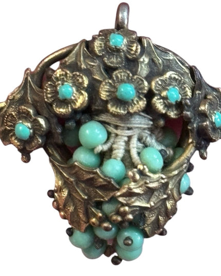 Vintage Brass Floral faux Turquoise bead Pendant