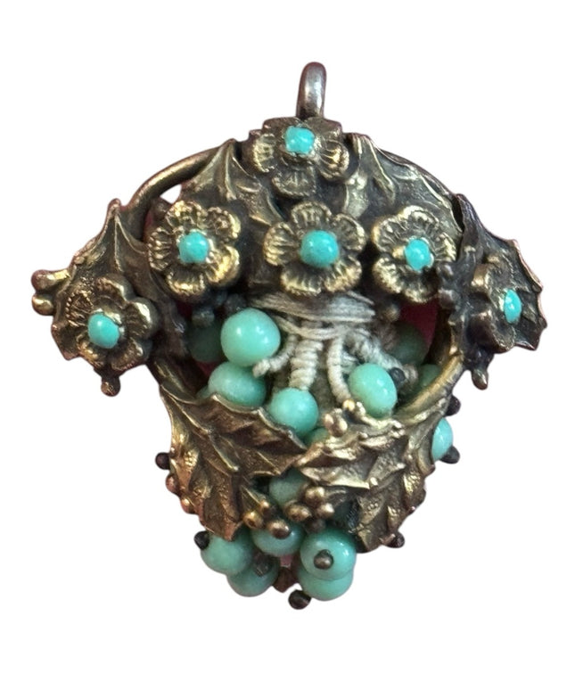 Vintage Brass Floral faux Turquoise bead Pendant