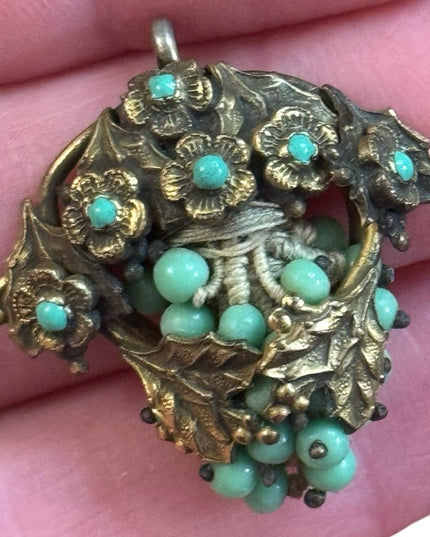 Vintage Brass Floral faux Turquoise bead Pendant