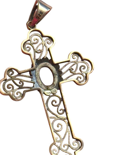Elegant  Sterling Silver 925 Stunning Jasper filagree Cross Pendant Red Stone