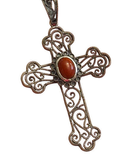Elegant  Sterling Silver 925 Stunning Jasper filagree Cross Pendant Red Stone