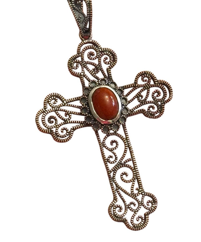Elegant  Sterling Silver 925 Stunning Jasper filagree Cross Pendant Red Stone