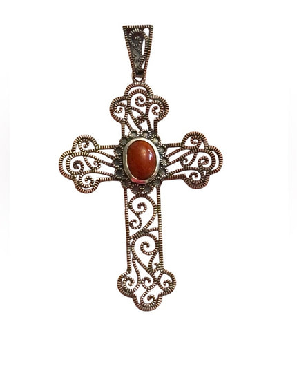 Elegant  Sterling Silver 925 Stunning Jasper filagree Cross Pendant Red Stone