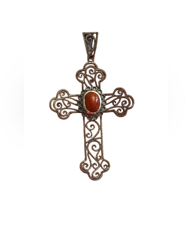 Elegant  Sterling Silver 925 Stunning Jasper filagree Cross Pendant Red Stone