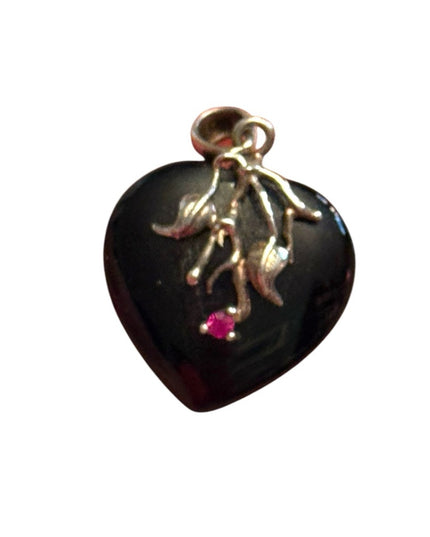 Elegant Black Heart Pendant Sterling Onyx and Ruby Heart Pendant