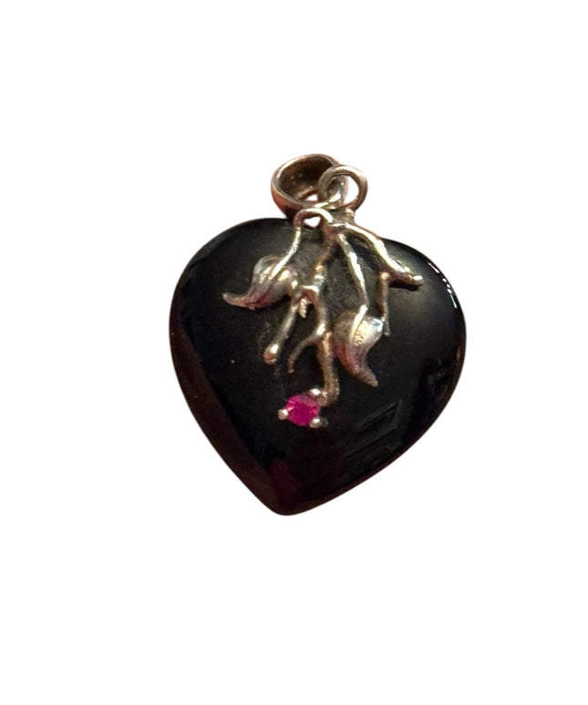 Elegant Black Heart Pendant Sterling Onyx and Ruby Heart Pendant
