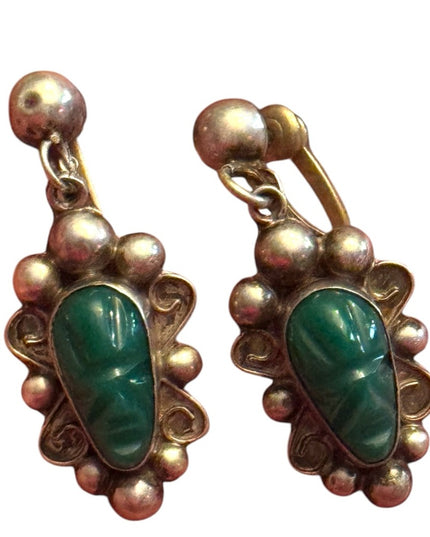 Elegant Vintage Sterling silver 925  Green onyx Aztec Stone Earrings