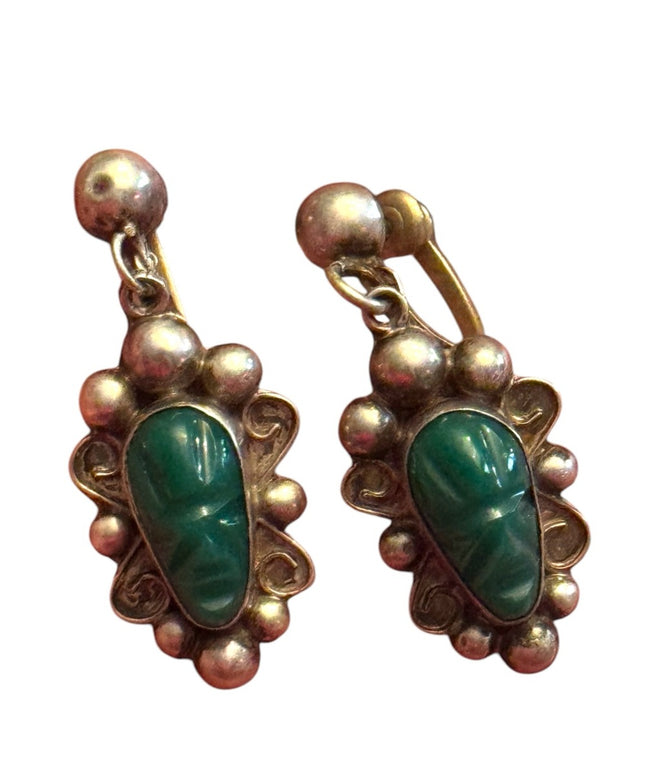 Elegant Vintage Sterling silver 925  Green onyx Aztec Stone Earrings