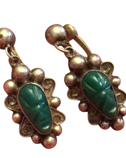 Elegant Vintage Sterling silver 925  Green onyx Aztec Stone Earrings