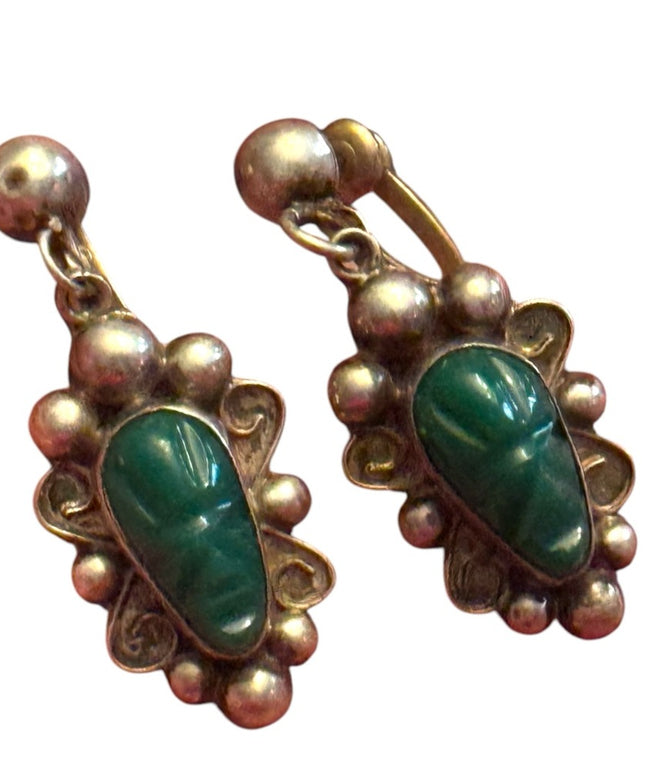 Elegant Vintage Sterling silver 925  Green onyx Aztec Stone Earrings