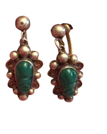 Elegant Vintage Sterling silver 925  Green onyx Aztec Stone Earrings