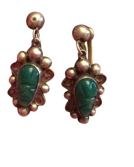 Elegant Vintage Sterling silver 925  Green onyx Aztec Stone Earrings