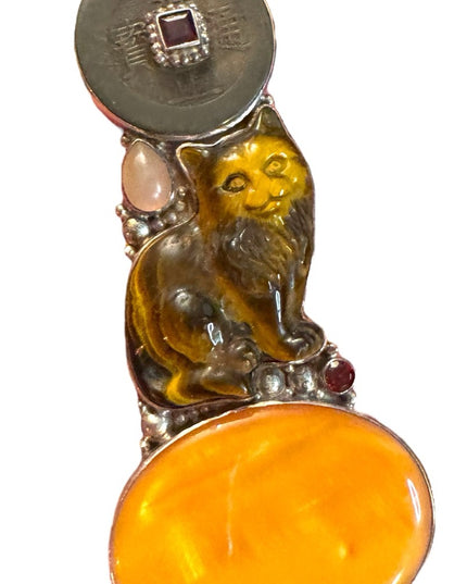 Vintage Sajen Tuger Eye Gemstone Cat Kitty garnet Brooch pendant sterling silver