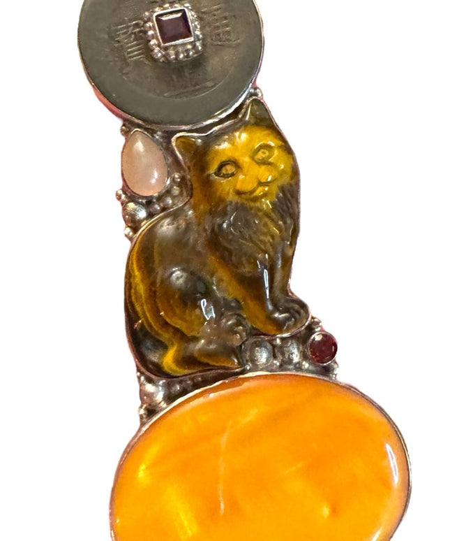 Vintage Sajen Tuger Eye Gemstone Cat Kitty garnet Brooch pendant sterling silver