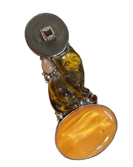Vintage Sajen Tuger Eye Gemstone Cat Kitty garnet Brooch pendant sterling silver